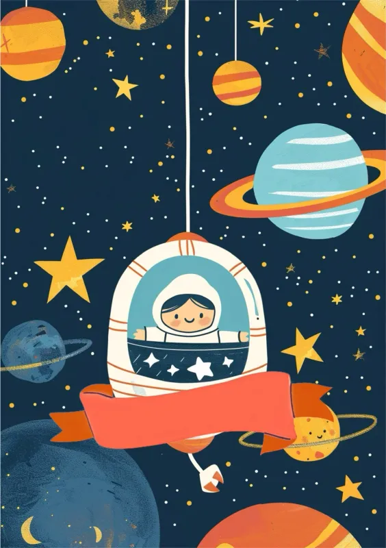 Una encantadora ilustración de un bebé astronauta en una cápsula espacial, rodeado de planetas y estrellas, con un banner vacío para personalizar el mensaje.