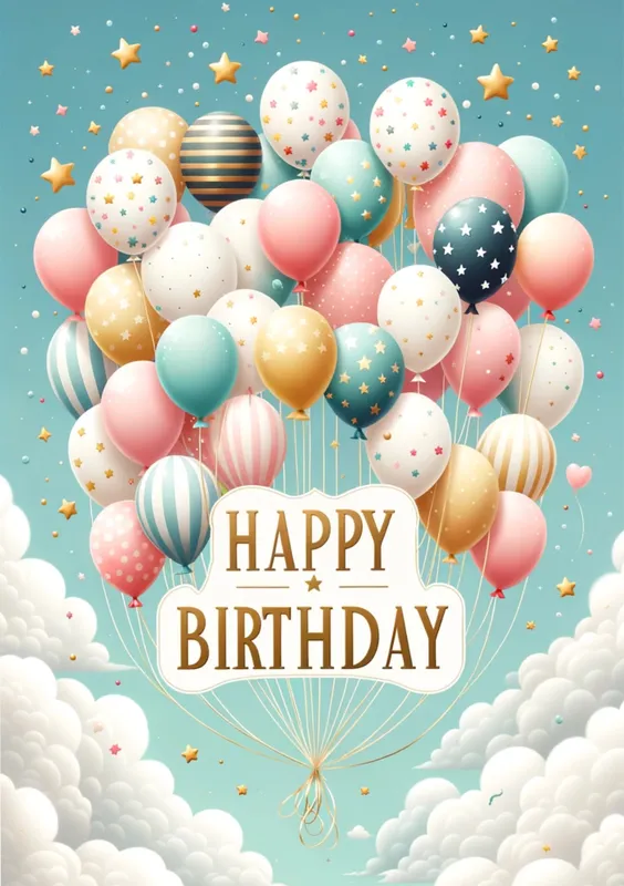 Una colorida colección de globos en tonos pastel flotando contra un cielo azul con nubes, con un mensaje que dice 'Feliz Cumpleaños' en letras doradas.