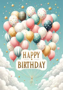 Portada para una tarjeta de feliz cumpleaños con un montón de globos flotando