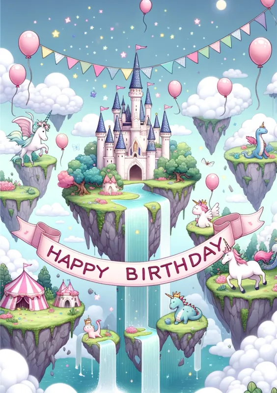 Una tarjeta de cumpleaños decorada con un castillo flotante, unicornios y globos, creando un ambiente de ensueño y celebración.