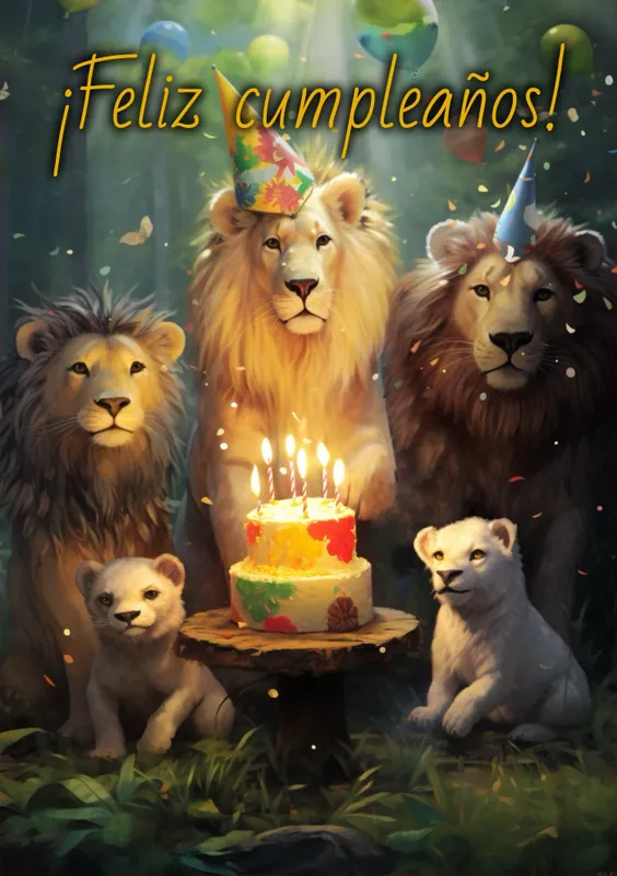 Una encantadora tarjeta de cumpleaños que presenta leones en un entorno natural, celebrando con un pastel y sombreros de fiesta.