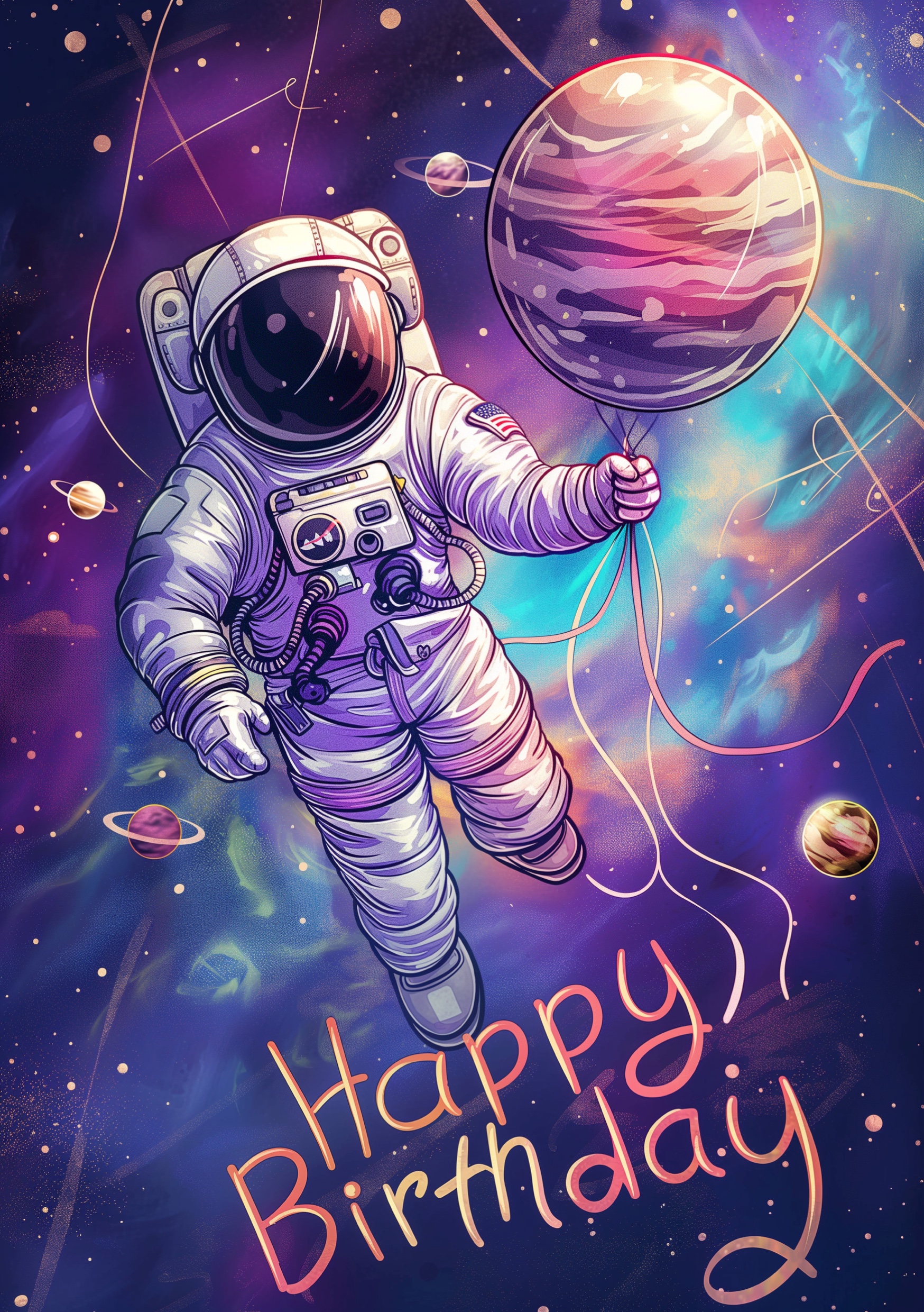 Portada para una tarjeta de feliz cumpleaños de un astronauta en el espacio con el texto Happy Birthday