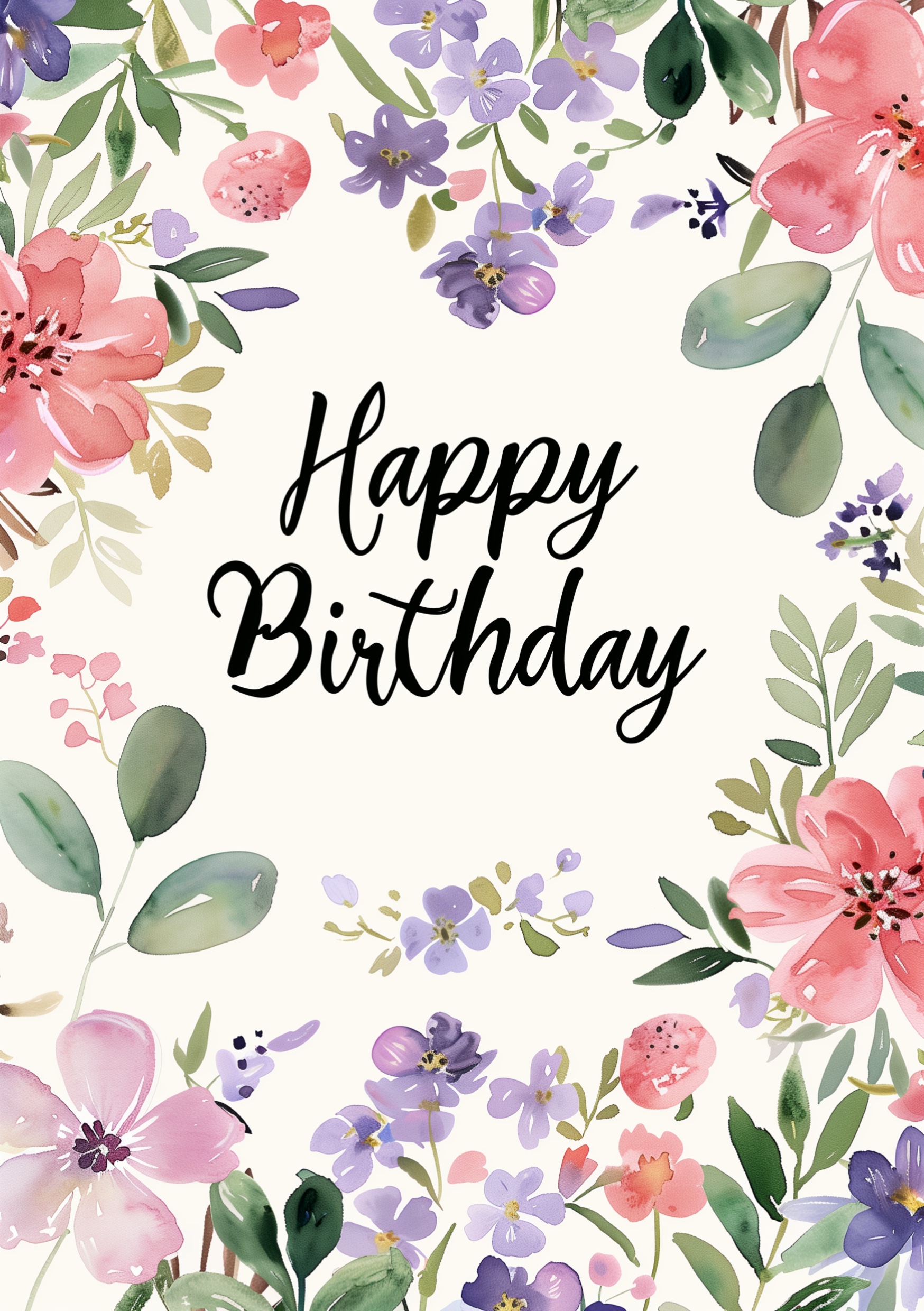 Portada para una tarjeta de feliz cumpleaños de diseño floral con el texto Happy Birthday