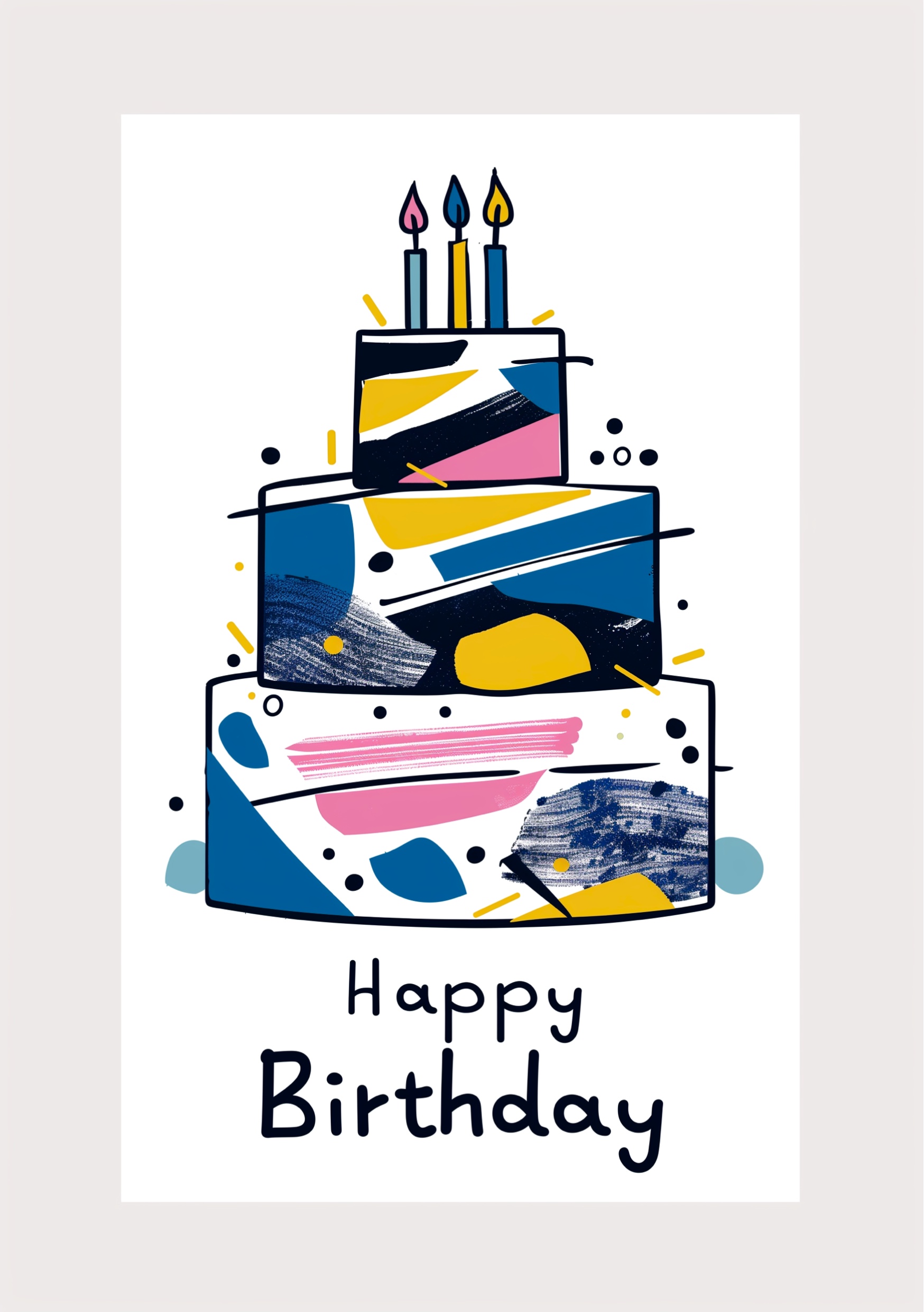 Portada para una tarjeta de feliz cumpleaños con una tarta de diseño modernista, con el texto Happy Birthday