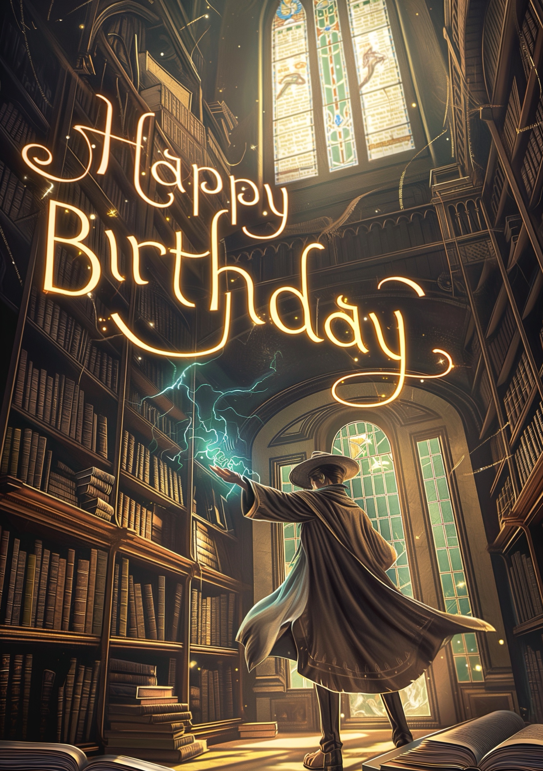 Portada para una tarjeta de feliz cumpleaños con un mago invocando el texto Happy Birthday
