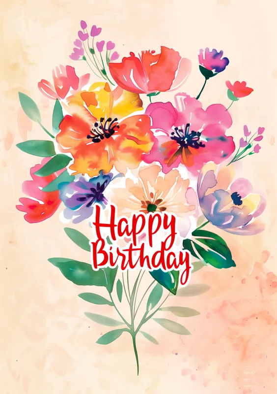 Tarjeta de cumpleaños con un hermoso diseño de flores de acuarela y el texto 'Happy Birthday' en el centro.