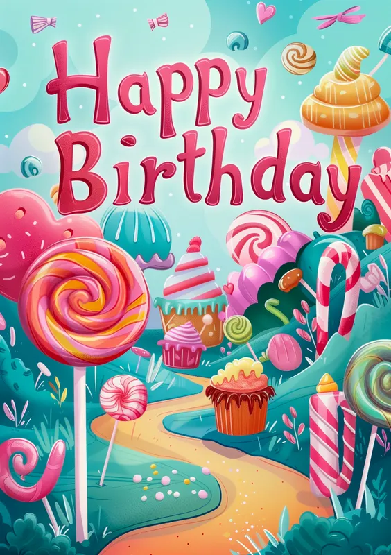 Una colorida ilustración de una tarjeta de cumpleaños, con dulces y postres en un paisaje divertido, adornando la frase 'Happy Birthday'.