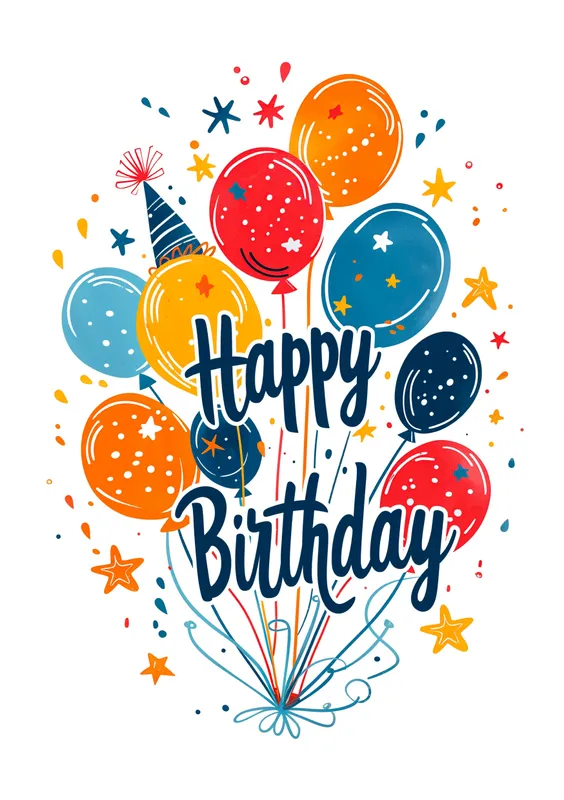 Una colorida ilustración de globos y estrellas que dice 'Happy Birthday', ideal para celebrar cumpleaños de una manera festiva.