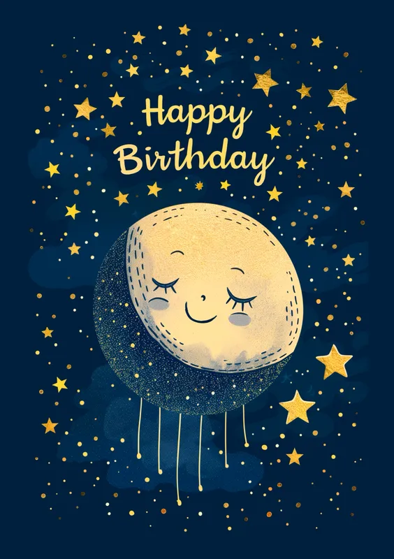 Tarjeta de cumpleaños con una luna sonriente rodeada de estrellas brillantes sobre un fondo azul oscuro, con el texto 'Happy Birthday'.