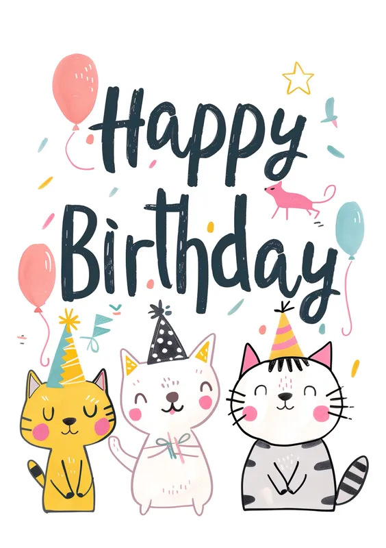 Tarjeta de cumpleaños con tres gatos festivos usando gorros de fiesta, rodeados de globos y confeti.