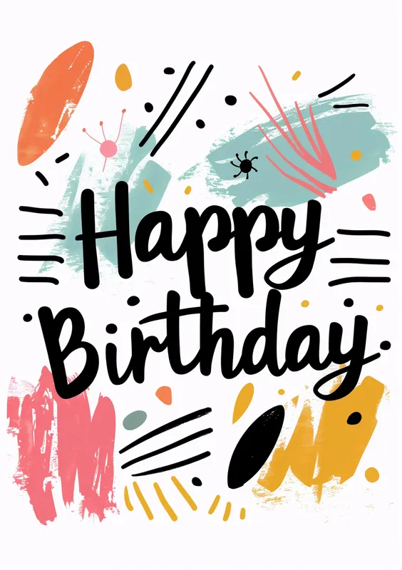 Tarjeta de felicitación de cumpleaños con un diseño colorido y tipografía llamativa que dice 'Happy Birthday'.