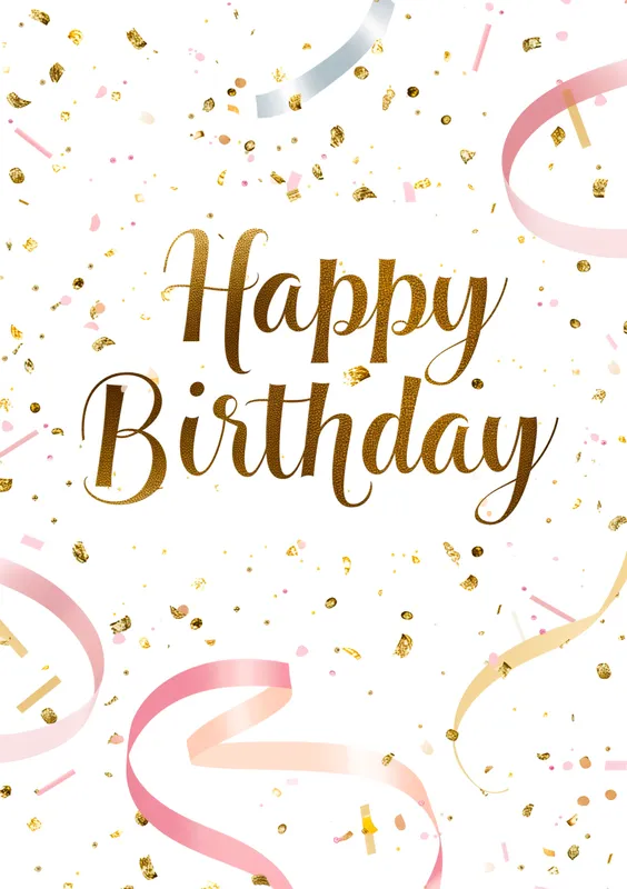 Portada de una tarjeta de cumpleaños con el texto 'Happy Birthday' en dorado sobre un fondo blanco decorado con confeti y cintas de colores.