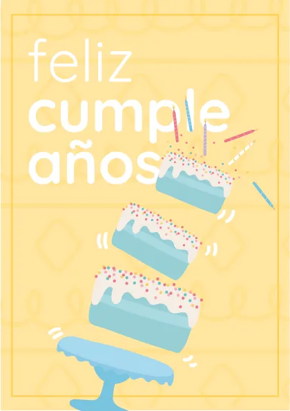 Tarjeta de feliz cumpleaños con ilustraciones de pasteles y velas sobre un fondo amarillo.