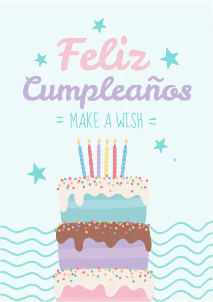 Tarjeta de felicitación de cumpleaños con un pastel de varios niveles decorado y velas encendidas, acompañada de estrellas y un mensaje alegre.