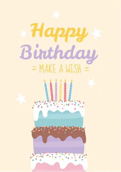 Tarjeta de cumpleaños con un pastel colorido y velas encendidas que invita a hacer un deseo.