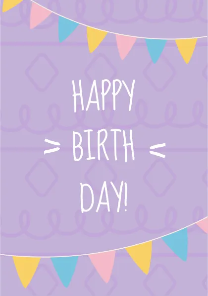 Portada de una tarjeta de felicitación de cumpleaños con un diseño colorido que incluye banderines y el texto 'HAPPY BIRTHDAY' en un fondo morado.