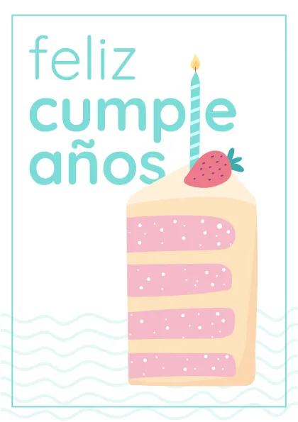 Tarjeta de cumpleaños con un pastel decorado con fresas y una vela, con el texto 'feliz cumpleaños'.