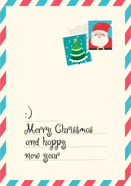 Tarjeta de felicitación navideña con un diseño alegre que incluye un árbol de Navidad y un Santa Claus en un estilo de estampilla, con un mensaje de "Merry Christmas and happy new year" en la parte inferior.