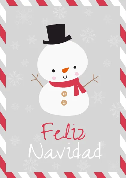 Tarjeta navideña con un muñeco de nieve sonriente, un sombrero negro y una bufanda roja, sobre un fondo gris con copos de nieve. Incluye el texto 'Feliz Navidad' en letras divertidas.