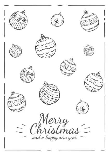 Portada de una tarjeta navideña en blanco y negro con adornos de bolas de Navidad y un mensaje de 'Merry Christmas and a happy new year'.