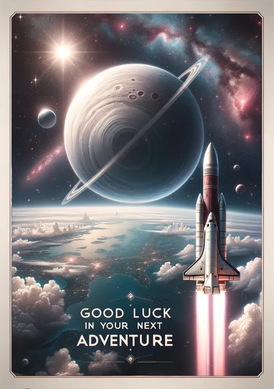 Portada de una tarjeta de despedida con un cohete despegando hacia un planeta en el espacio. Incluye el mensaje 'Good luck in your next adventure'.