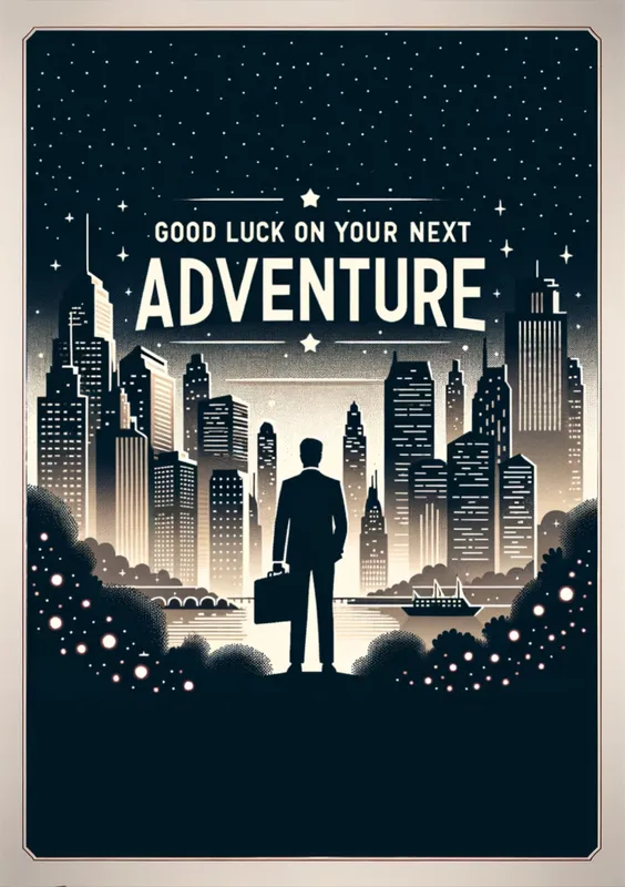 Un elegante diseño que muestra a un hombre de espaldas con un maletín, observando un paisaje urbano iluminado bajo un cielo estrellado, con el texto motivacional 'Good Luck On Your Next Adventure'.