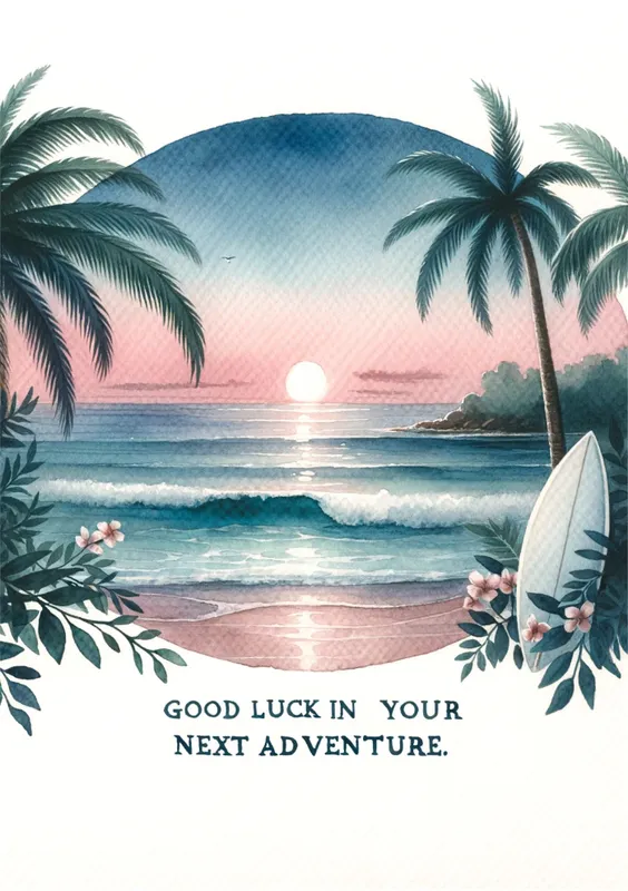 Tarjeta de despedida con un paisaje costero al atardecer, mostrando palmeras, olas y una surfboard, con el mensaje 'Good luck in your next adventure'.
