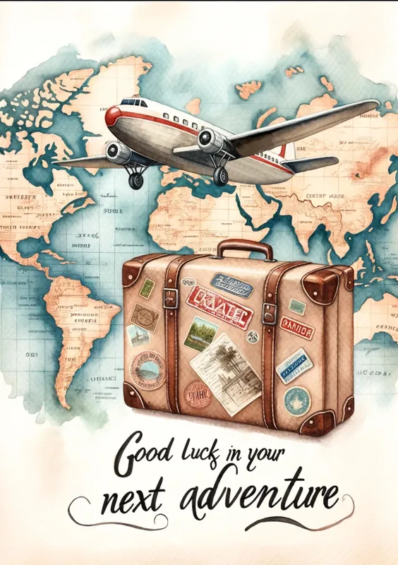Tarjeta de despedida con un mapa antiguo y una maleta decorada, acompañada de un avión vintage y el mensaje 'Good luck in your next adventure'.