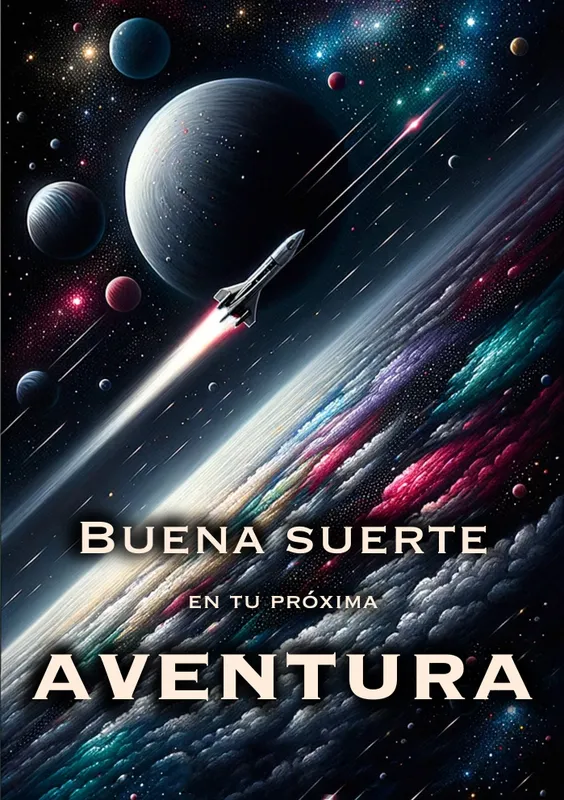 Tarjeta de despedida con diseño de un cohete despegando hacia el espacio, rodeado de planetas y nubes de colorido cósmico, con el mensaje 'Buena suerte en tu próxima aventura'.