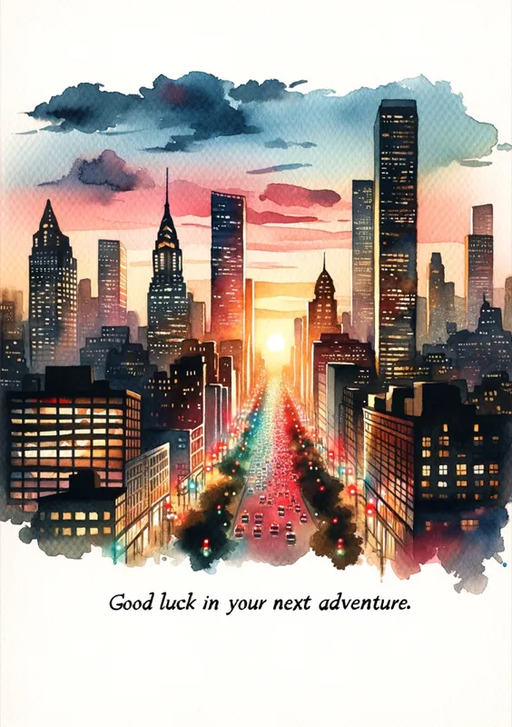 Tarjeta de despedida con una ilustración de un paisaje urbano al atardecer, mostrando rascacielos, una avenida iluminada y el mensaje 'Good luck in your next adventure.'