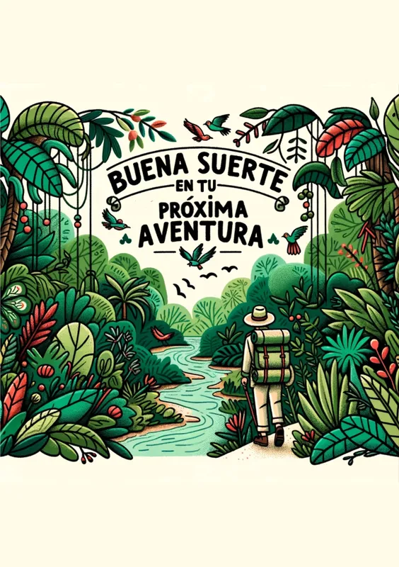 Tarjeta de despedida con el mensaje 'Buena suerte en tu próxima aventura', ilustrada con un paisaje tropical y un explorador con mochila, rodeado de vegetación y aves.