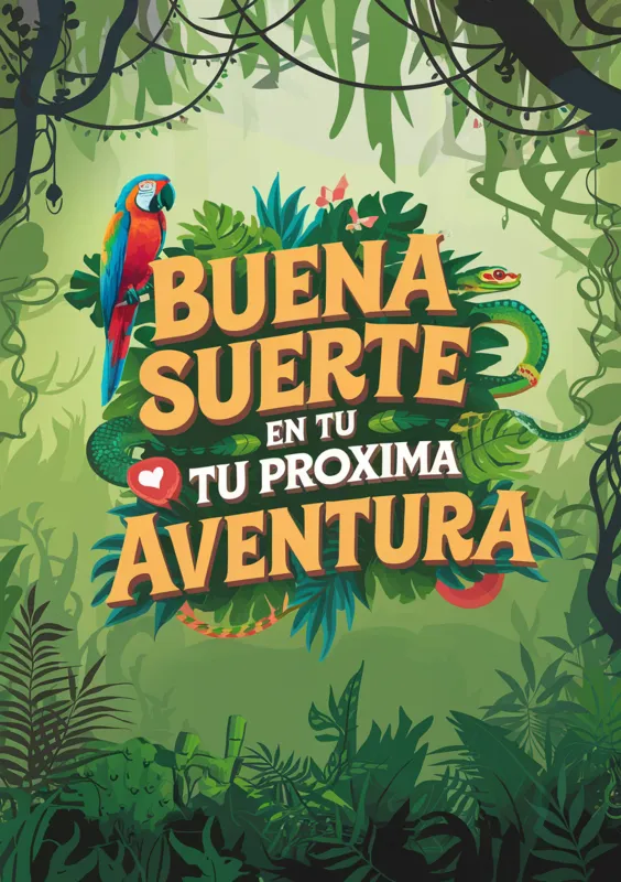Tarjeta de despedida con un diseño tropical, que incluye un loro y una serpiente, con el texto 'Buena suerte en tu próxima aventura' en un estilo llamativo y colorido.