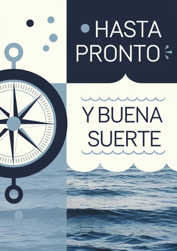 Tarjeta de despedida con un diseño que incluye una brújula y la frase 'Hasta pronto y buena suerte'.