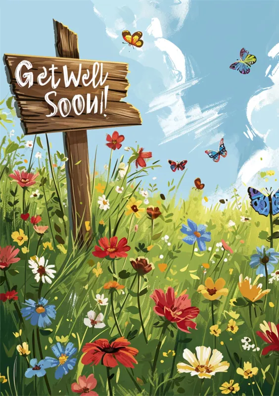Una hermosa ilustración que muestra un paisaje de flores silvestres coloridas bajo un cielo azul, con un cartel de madera que dice 'Get Well Soon!'. Esta tarjeta transmite un mensaje de ánimo y bienestar.