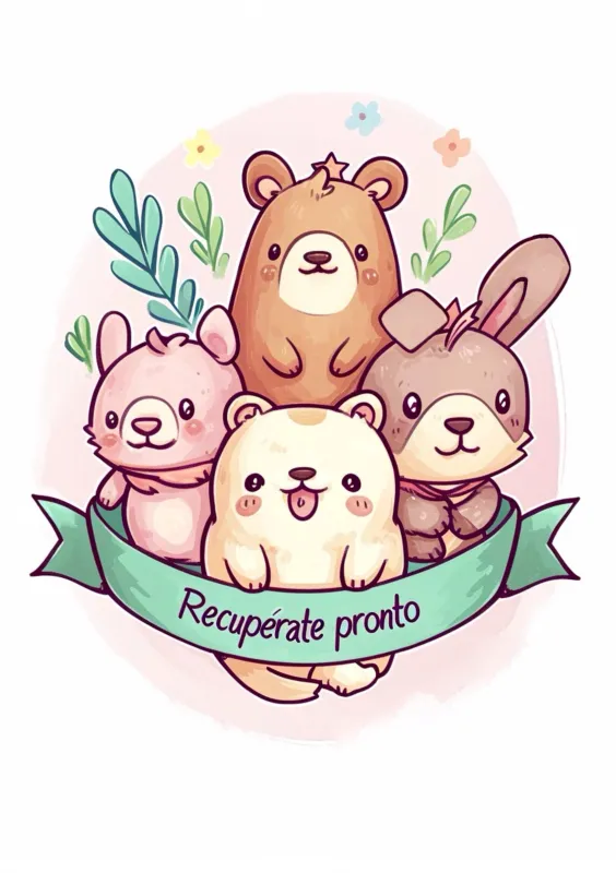 Una adorable tarjeta de mejora rápida que presenta cuatro animalitos tiernos apoyándose unos a otros, con un fondo suave y una cinta que dice 'Recupérate pronto'.