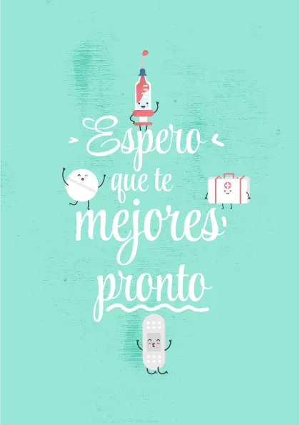 Portada de una tarjeta de felicitación con un fondo verde y elementos ilustrativos que transmiten un mensaje de recuperación y bienestar.