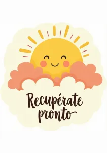 Tarjeta de felicitación con un sol sonriente y nubes que dice 'Recupérate pronto'.