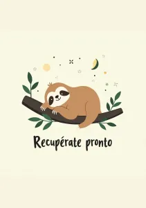 Una simpática pereza descansando en una rama con un fondo claro y el texto 'Recupérate pronto'.