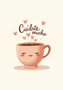 Ilustración de una taza sonriente con vapor y corazones, acompañada del texto 'Cuídate mucho'.