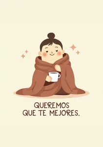 Una ilustración de una persona envuelta en una manta con una taza, sonriente y acogedora, acompañada del mensaje 'Queremos que te mejores'.