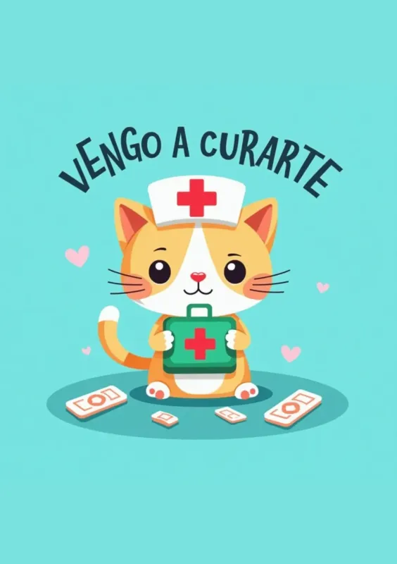 Ilustración de un gato enfermero con una maletín de primeros auxilios en un fondo azul, acompañado de corazones.