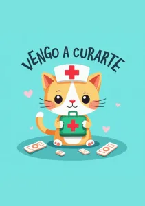 Ilustración de un gato enfermero con una maletín de primeros auxilios en un fondo azul, acompañado de corazones.