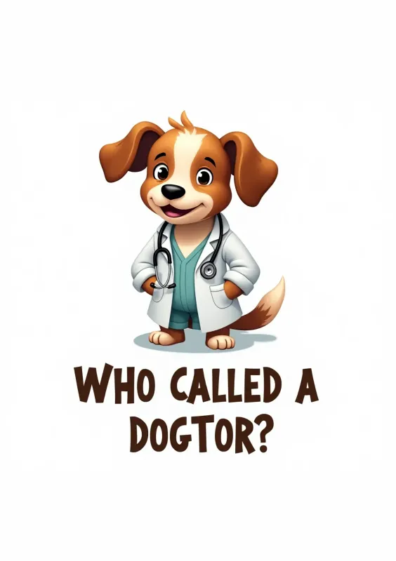 Una ilustración de un perro animado vestido con una bata de doctor y un estetoscopio, acompañado de la frase divertida 'Who called a dogtor?'.