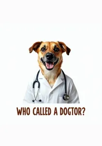 Una tarjeta de felicitación divertida que muestra a un perro con bata de médico y un estetoscopio, con el texto humorístico '¿Quién llamó a un doctor?'.