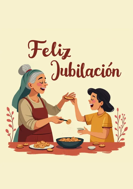 Ilustración de una abuela y una niña sonriendo mientras preparan galletas para celebrar una jubilación, con la frase 'Feliz Jubilación' en letras destacadas.
