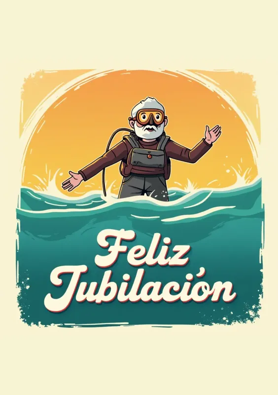 Tarjeta de felicitación que celebra la jubilación, mostrando a un hombre mayor con equipo de buceo, disfrutando de la vida en el mar.