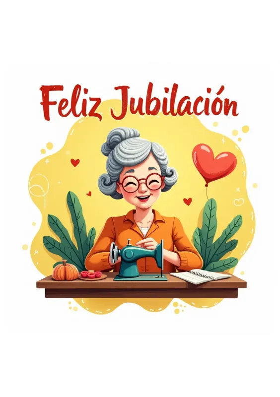 Tarjeta de felicitación para jubilación con ilustración de una mujer mayor cosiendo, rodeada de elementos como hojas verdes, un corazón y objetos de costura.