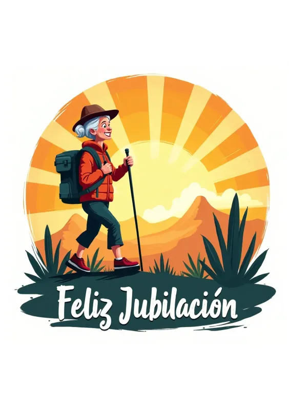 Una tarjeta de felicitación que celebra la jubilación, mostrando a una persona mayor caminando en un paisaje montañoso con un amanecer en el fondo y la frase 'Feliz Jubilación'.