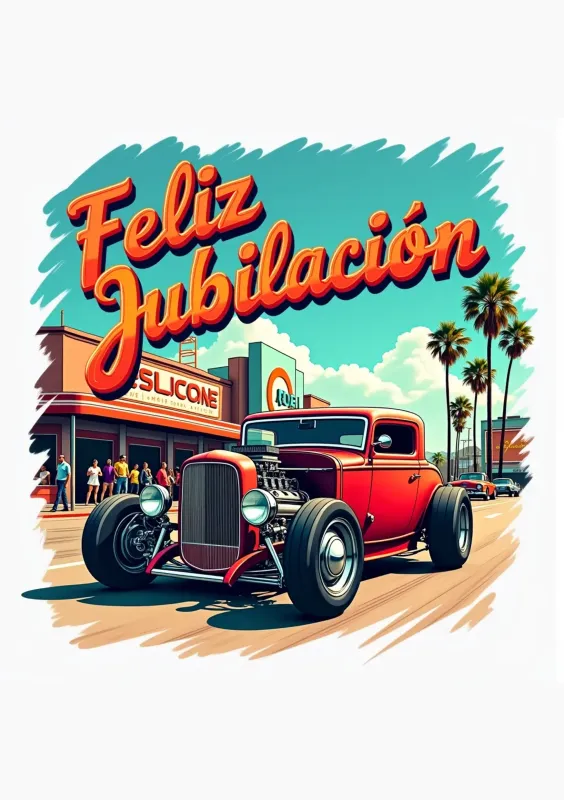 Tarjeta de jubilación con un coche clásico rojo y un fondo con palmeras y un edificio comercial, decorada con el texto 'Feliz Jubilación'.