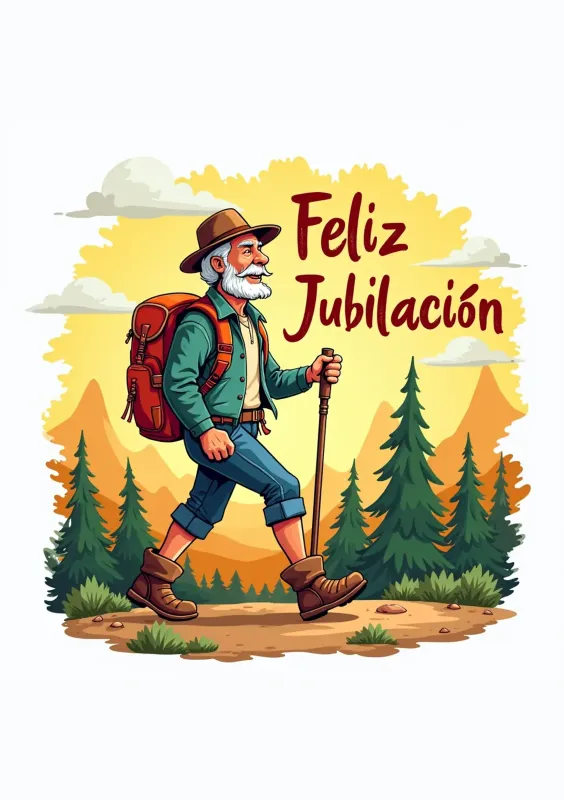 Portada de una tarjeta de jubilación que muestra a un hombre mayor caminando con una mochila en un entorno montañoso, rodeado de árboles y con un fondo amarillo. La tarjeta lleva el mensaje 'Feliz Jubilación'.